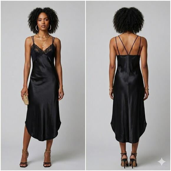 Vintage Dresses & Skirts - VTG 90s lingerie Now Modern Day LBD Lace Trim Strappy Midi Slip Dress Size Large